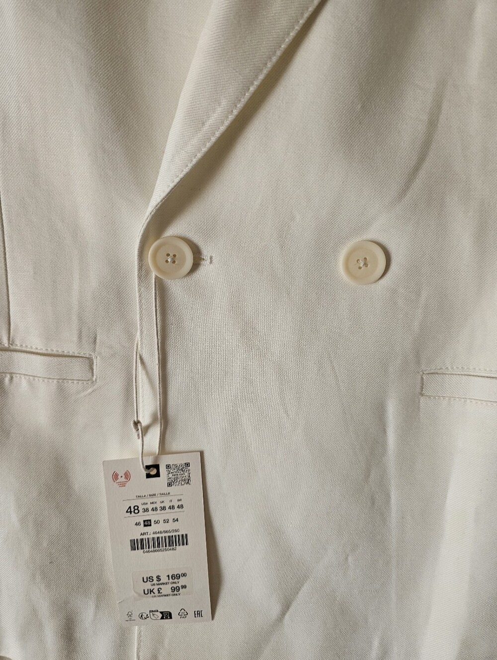 ZARA Men Off-White Linen Blend Double Breasted Blazer Jacket NWT Size 48 / US 38 - Picture 9 of 14